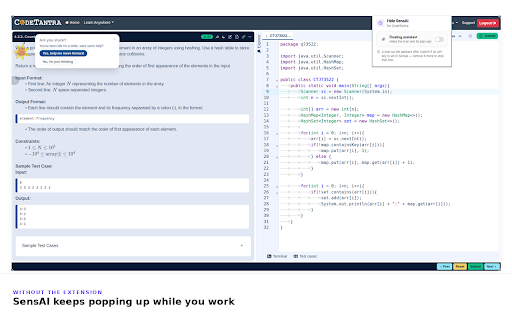 Hide SensAI for CodeTantra :: Hides the SensAI assistant icon and its pop-ups on CodeTantra for a distraction-free coding screen.