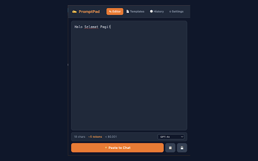 PromptPad - Markdown Prompt Editor :: Write better AI prompts with Markdown editor, templates, variables, history & token counter. Works with ChatGPT, Claude, Gemini.