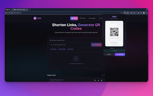 URL to QRCode & Shorten :: Instantly shorten the current page URL, copy to clipboard, and generate a beautiful QR code card.