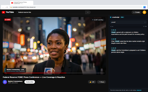 LiveScript - Live Transcripts :: Real-time transcripts for YouTube, Twitch, and any site with audio - search every word as it's spoken.