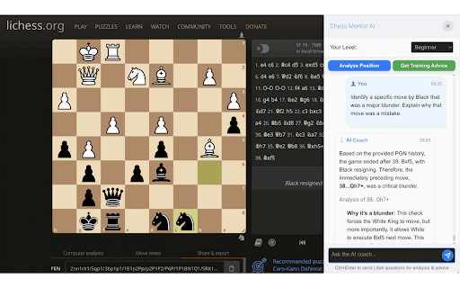Chess Mentor AI :: Provides chess game analysis and AI tutoring for Chess.com and Lichess.