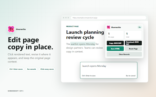 Overwrite :: Edit rendered page text in place and export compact text patches for coding agents.