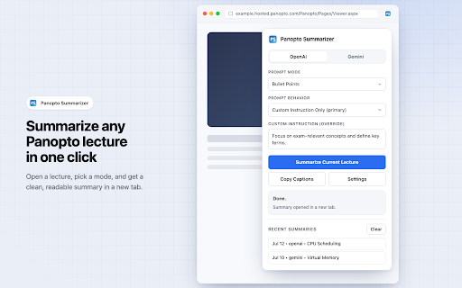 Panopto Summarizer :: Extract Panopto captions and summarize lectures with your own OpenAI or Gemini API key.