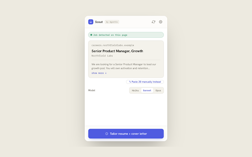 Scout by AgentCo :: Tailor your resume to any job, right where you find it.