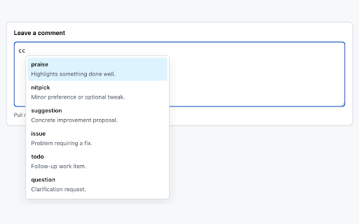 Conventional Comments :: Autocomplete picker for Conventional Comments labels and decorations in GitHub and GitLab MR/PR comment boxes.