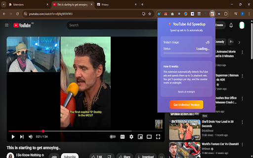 YouTube Ad Speedup :: Speed up YouTube ads to 2x speed (limited to 5 uses per day)