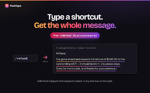 FlashType — Free Text Expander & Snippets :: Unlimited free text snippets that expand anywhere. No account, no limits. Import from Text Blaze, Magical & TextExpander.