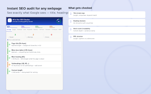 All in One SEO Checker :: Complete SEO audit: on-page, technical, images, links, schema, Core Web Vitals, LLM, AEO & GEO signals.