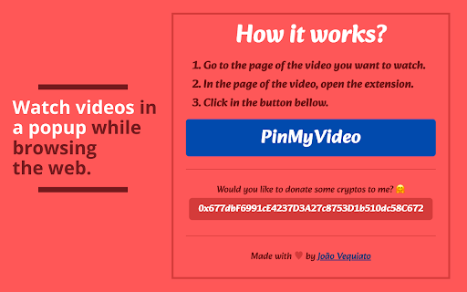 PinMyVideo :: Watch videos in a popup while browsing the web. Watch your favorite videos without losing focus