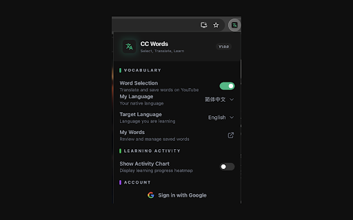 CC Words - Translate & Vocabulary Builder :: Select any text to translate, save to vocabulary, and review with spaced repetition flashcards. Works on all websites.