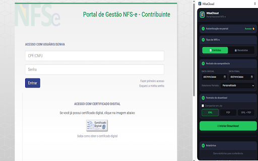 NfseCloud – Portal NFS-e :: Baixe XMLs e PDFs de NFS-e emitidas e recebidas direto do portal nfse.gov.br. Filtre por período, comprima em zip e gere relatórios.