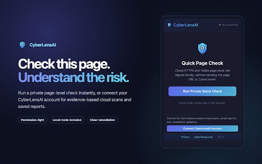 CyberLensAI Website Security Scanner :: Run a private page-level quick check or start a full CyberLensAI cloud security scan for the website in your active tab.