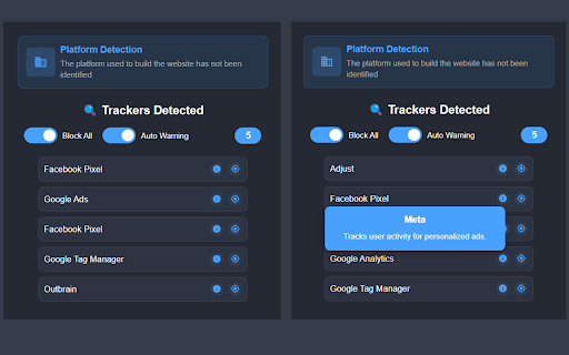 Privacy First :: Detects and blocks tracking services and cookies on websites.