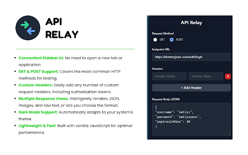 API Relay :: The chrome extension to send GET and POST requests and view responses.