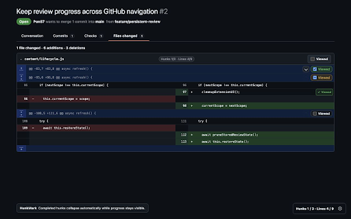 HunkMark – Diff Review for GitHub :: Review GitHub pull request diffs by hunk or line, collapse reviewed changes, and track progress.