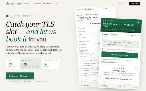 Visa Master — Schengen Visa Slot Watcher (TLScontact: France, Italy, Spain) :: Stop refreshing TLScontact. Get a phone + desktop ping the second a Schengen visa slot opens. Local-only, no servers.