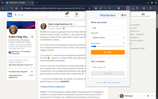 PeerScreen :: Share your screen with other users using WebRTC and PeerJS.