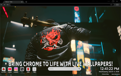 Cyberpunk 2077 Samurai Jacket Live Wallpaper :: One of the most epic gaming live wallpapers for Chrome – featuring the Cyberpunk 2077 Samurai jacket style.