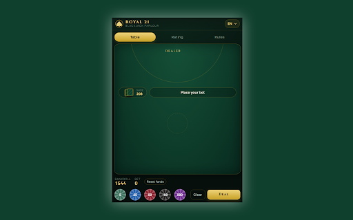 Royal 21 Blackjack :: An elegant blackjack table in your side panel — full casino rules, splits, doubles, insurance and a leaderboard.