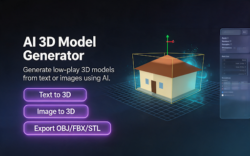 AI 3D Model Generator :: Generate low-poly 3D models from text or image with your own AI API key, preview in WebGL viewer, and export to OBJ, FBX, or STL.