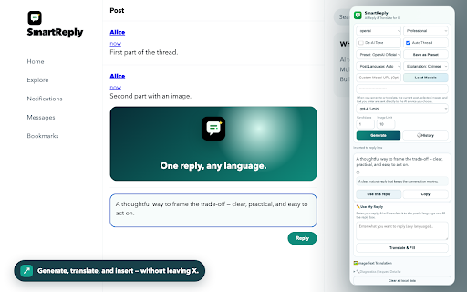 SmartReply for X :: Generate and translate contextual replies on X with your own AI provider and API key.