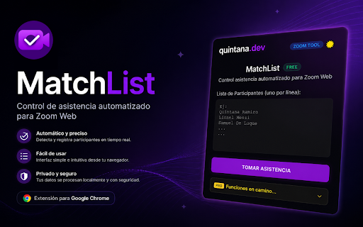 MatchList: Asistencia Inteligente para Zoom Web :: Control de asistencia automatizado. Escanea participantes, cruza datos con tu lista oficial y exporta reportes.