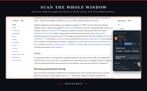 Instinct :: Detect AI-generated content everywhere you browse — pages, pictures, video, and email. Upgrade your natural perception.