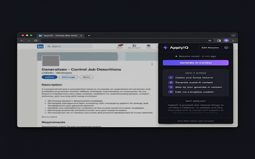 ApplyIQ — AI Resume Context for Job Applications :: One click to build an AI-ready job application context. Open a job posting, click Generate, and paste into your AI assistant.