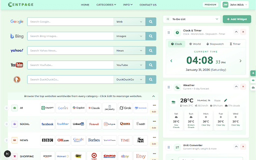 CentPage – Productivity New Tab | Internet StartPage :: Turn every new tab into a powerful productivity dashboard with bookmarks, widgets, search, notes, and more.