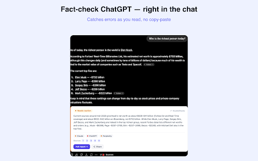 DoubleChecks - AI Fact Checker :: Fact-check ChatGPT & Claude answers inline with 3 independent AIs. Red/Amber/Green verdicts with sources.