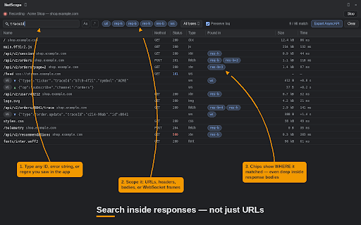 NetScope – Search Network Responses & WebSockets :: DevTools panel: search response bodies and live WebSocket frames, copy as cURL, export captured WS traffic as AsyncAPI 3.0.