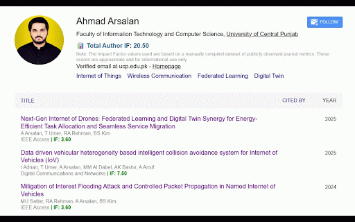Impact Factor Finder :: Displays Impact Factor next to each publication on Google Scholar profiles.
