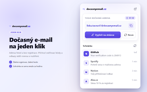 Dočasný e-mail – docasnyemail.cz :: Vytvoř dočasnou e-mailovou adresu na jeden klik, vyplň ji do formuláře a čti příchozí kódy. Chraň se před spamem.