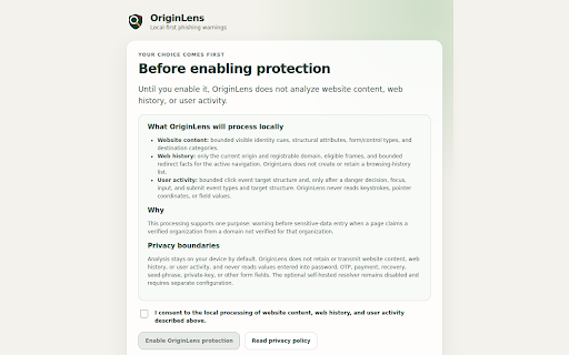 OriginLens :: Local-first phishing warnings using claimed identity, sensitive-data intent, verified domains, and bounded page behavior.