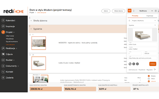 RediHome :: Rozszerzenie RediHome do zarządzania listami zakupów i inspiracjami projektowymi.
