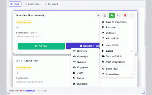 Flows - Browser Automation Testing by BetterQA :: Record browser actions, enhance with AI self-healing selectors, and run automated tests. Professional test automation made simple.