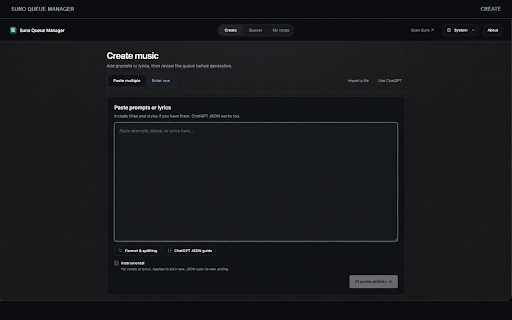 Suno Queue Manager :: Prepare Suno generation queues, submit them safely, and review the results.