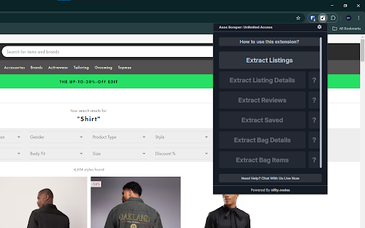 Asos Scraper: Export Search, Products, Reviews & more :: Scrape Product Listings, Cart, Reviews, and more from Asos, with options to export in formats such as CSV, Excel, JSON and others