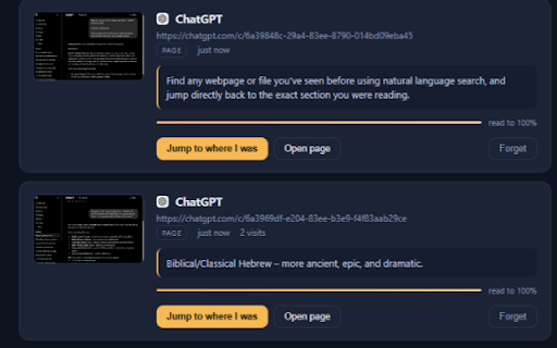 Recall — Internet Memory :: Find any page or file you've seen by what it was about — and jump back to the exact part you were reading.