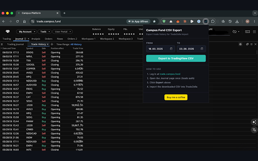 TradingView CSV Exporter for Campus Fund :: Export Campus Fund trade history as TradingView CSV for TradeZella. Not affiliated with Campus Fund.