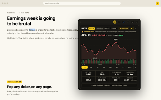 TickerPop :: Highlight a ticker on any page to see the price, chart, fundamentals, analyst calls and news. Works with any market. No account.