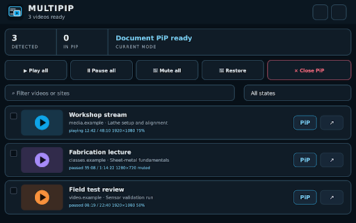 MULTIPIP — Multi-Video Picture-in-Picture Controller :: Detect, control, and view multiple HTML videos with honest Picture-in-Picture capability fallbacks.
