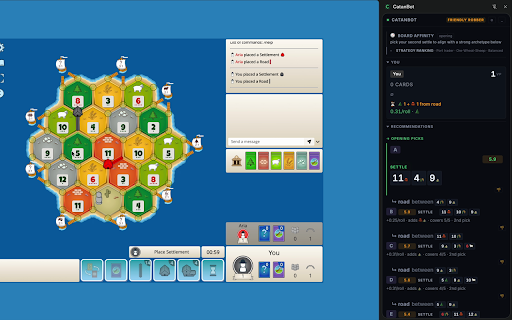 CatanBot: Colonist HUD :: Live Catan advisor for colonist.io. Move recs, robber & dev-card timing, opponent card tracking, post-game analysis. Local-only.