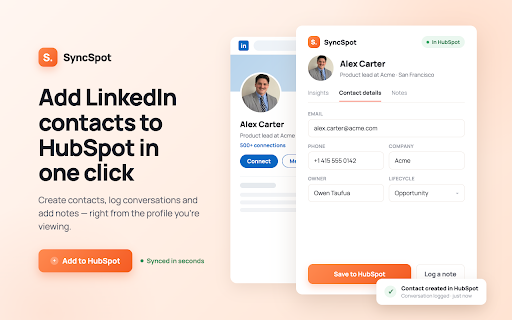 SyncSpot — HubSpot sync for LinkedIn :: One-click HubSpot contacts, notes and message logging from the LinkedIn profile you are viewing.