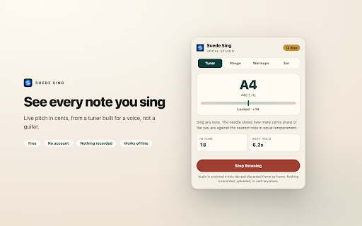 Suede Sing: Vocal Coach, Pitch Trainer & Vocal Range Test :: Free vocal coach in your browser: live pitch tuner, vocal range test, warmups, ear training, and a sing-along meter on YouTube.