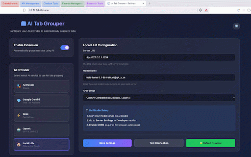 AI Tab Grouper (Tabber) :: Automatically organize Chrome tabs using AI - supports OpenAI, Claude, Groq, Gemini & Local LLMs with smart grouping