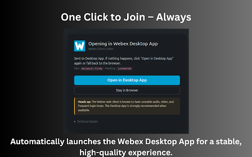 Direct Join for Webex: App Launcher & Audio Fix :: Intercepts Webex meeting URLs and launches them directly in the Cisco Webex Desktop App, bypassing the sluggish web client.