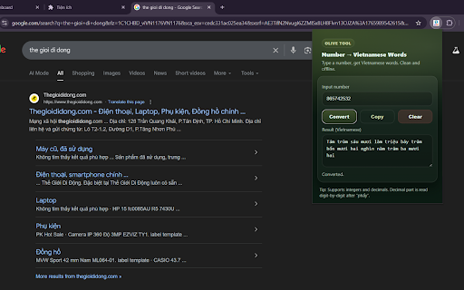 Vietnamese Number to Words :: Convert numbers into Vietnamese words (số thành chữ tiếng Việt) with a simple popup tool.