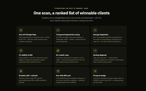 MapSieve :: Scan Google Maps, score local businesses on the gaps that cost them leads, and draft outreach.