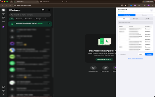 WA Toolkit - Contacts Export & Bulk Sender :: Extract WhatsApp contacts to CSV/Excel/VCard and send bulk messages with personalization. All-in-one WhatsApp productivity tool.